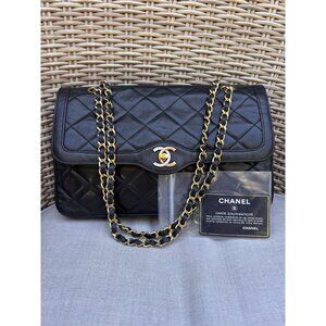Authentic CHANEL vintage 24k gold double flap Paris bicolor classic bag